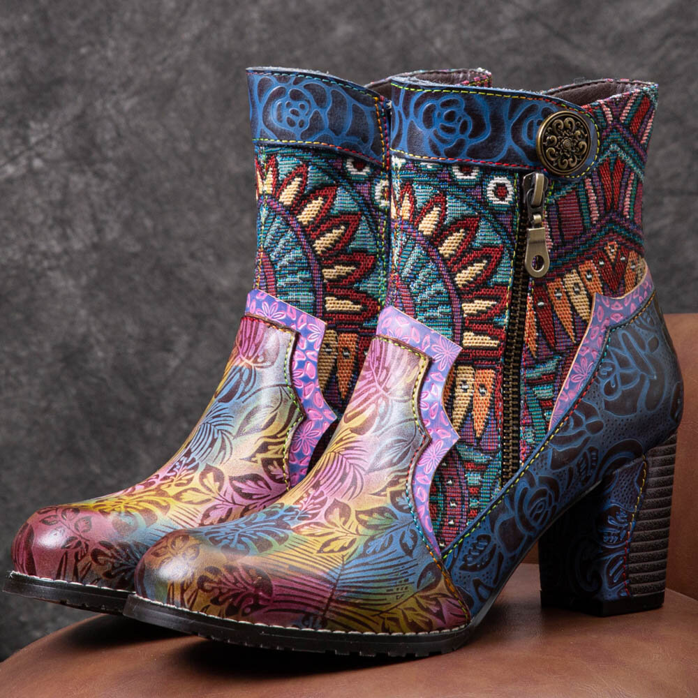 Socofy Bohemian Printed Leather Patchwork Side Zipper Soft Comfy Chunky Heel Ankle Boots