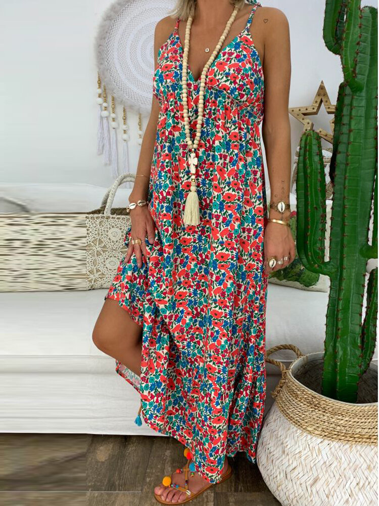 Women Sleeveless Straps Floral Print Elastic Waist Summer Holiday Long Maxi Dress