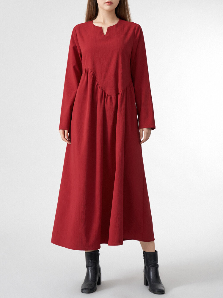 Women Solid Half Open Collar Long Sleeve Maxi Dress