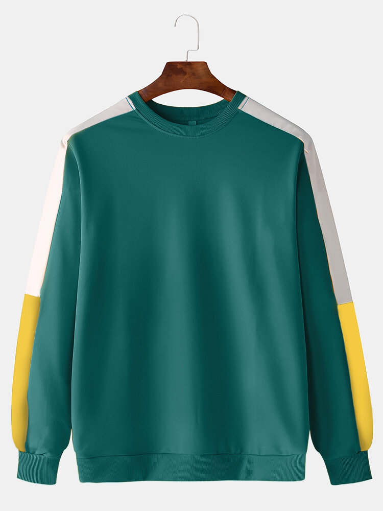 Image of Herren Mode Casual Color Block Elastic Hem Rundhalsausschnitt Sweatshirt