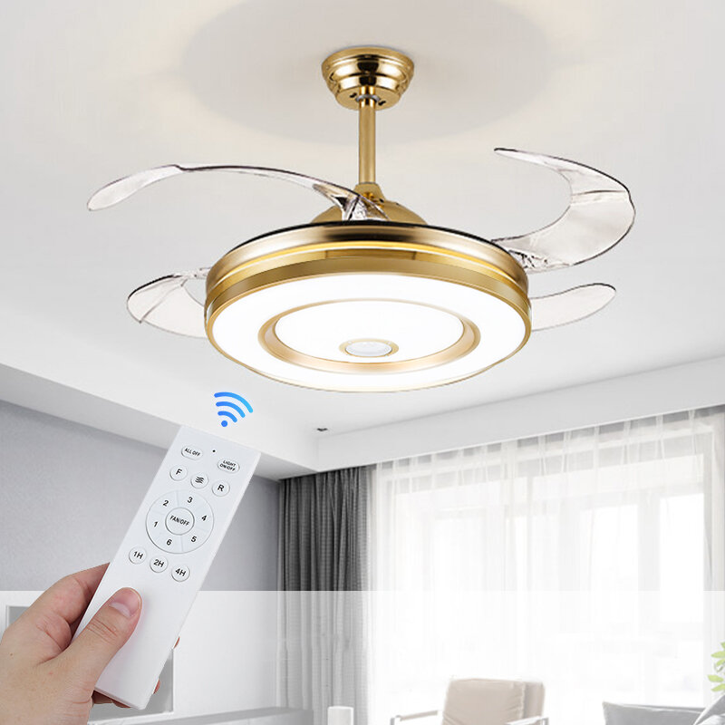 

36W 110-220V 36”6 Speeds Smart bluetooth Music Dimmable Ceiling Fan Light LED Retractable Leaves Intelligent APP/Remote