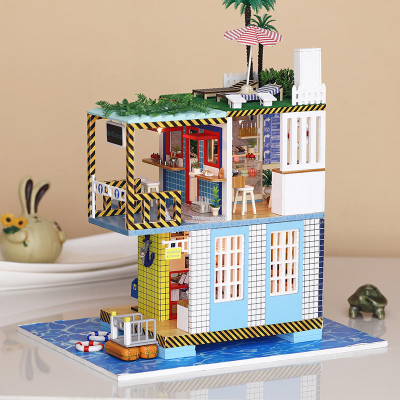 iiecreate K-038 Doll House DIY Sea Post Station Miniature Furnish With Cover Music Movement Gift Dec