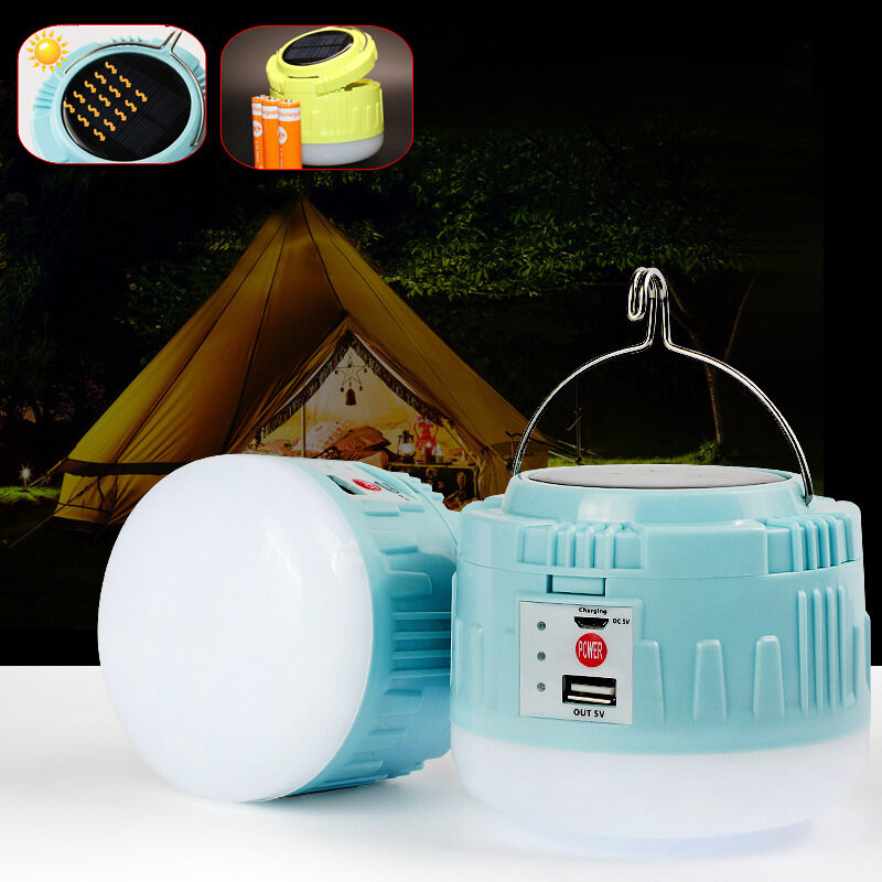 Linterna de camping LED solar de 50W 10000K, recargable por USB, con 4 modos ajustables, lámpara colgante y banco de energía.