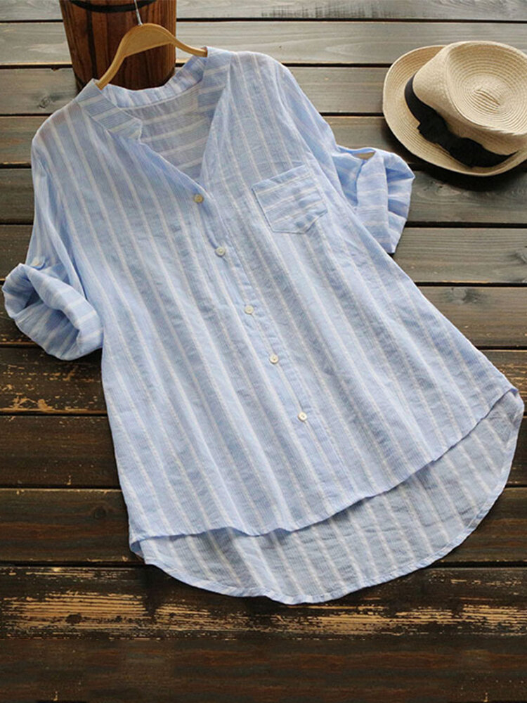 Women Stripe V-neck Buttons 3/4 Fold Sleeve Irregular Blouse Sale ...