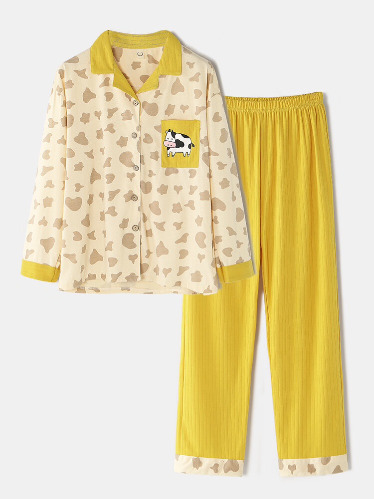 Dames katoenen koe patroon kamp kraag elastische taille rib broek tweedelige pyjama set
