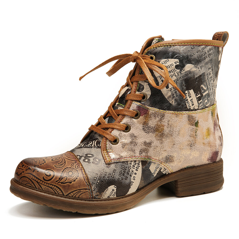 SOCOFY Retro Genuine Leather Newspaper Pattern Flat Ankle Boots