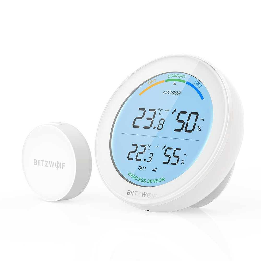Blitzwolf® bw-ws01 wireless temperature and humidity monitor weather station with white backlight display air comfort indicator support 3 sensor