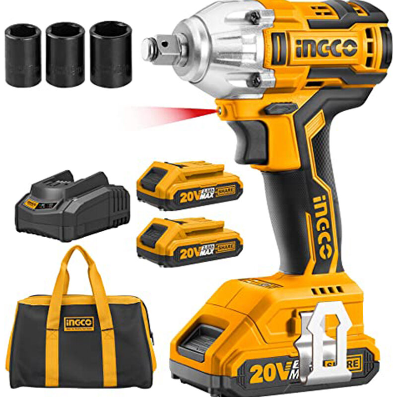 INGCO CIWLI2001 20V Cordless Impact Wrench Set, 1/2 Inch Brushless Impact Wrench with 2pcs Batteries 1pc Hour Fast Charg