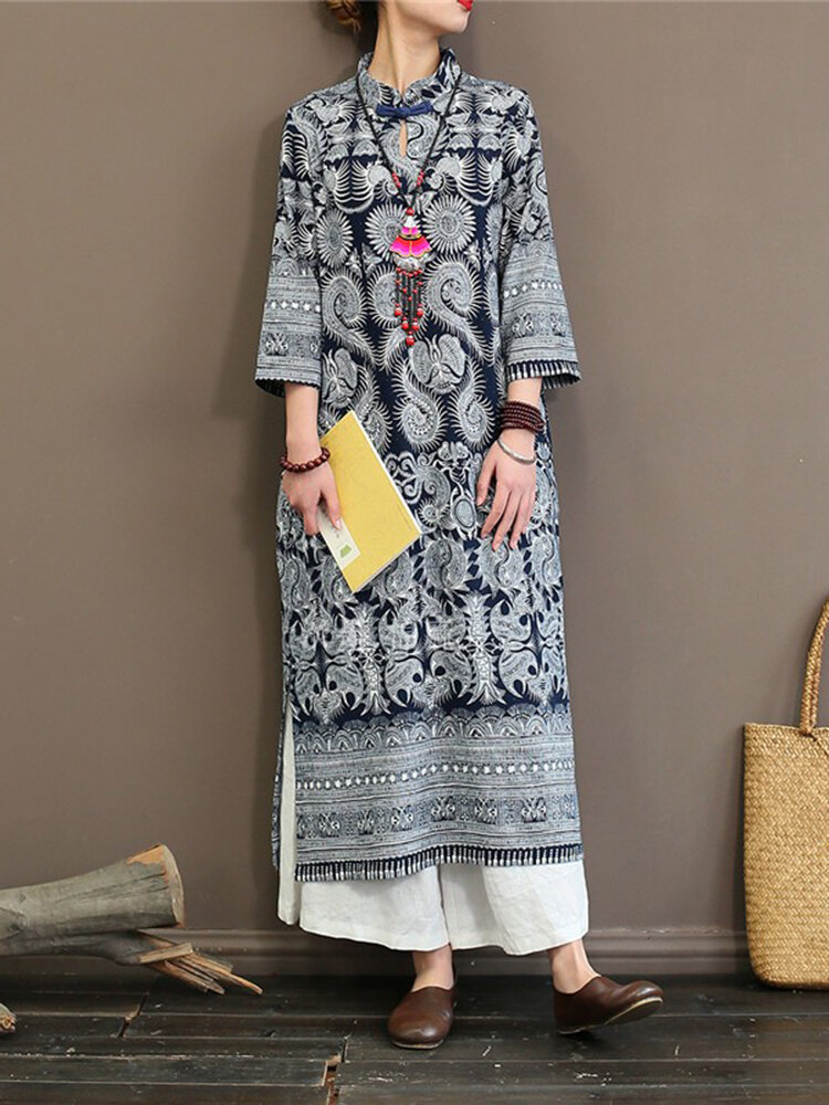 Women Vintage Print Stand Collar 3/4 Sleeve Dress with Pockets