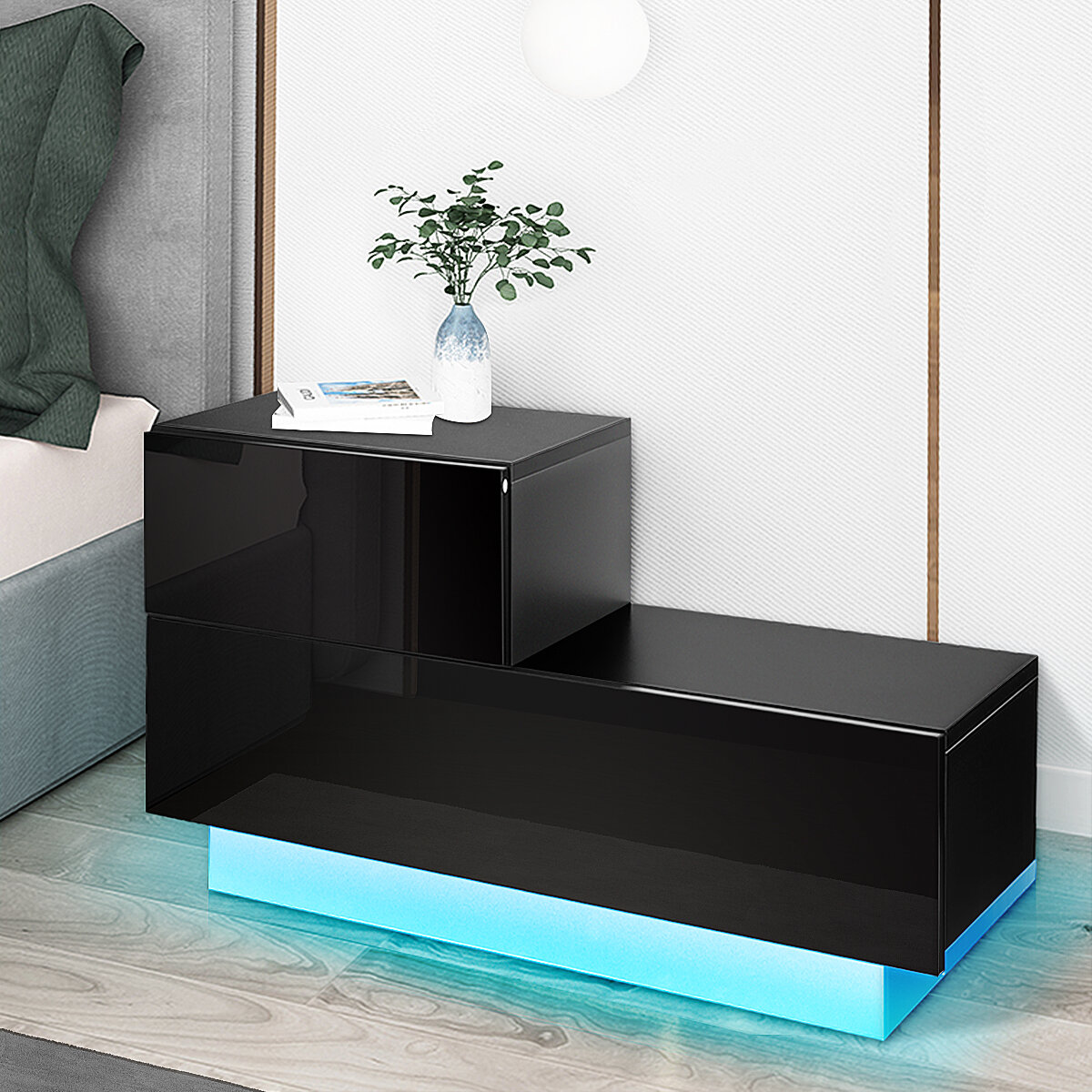 Woodyhome Nightstand with Multi-colour RGB LED Backlight Modern High Gloss Bedside Table with 2 Drawers for Home and Off