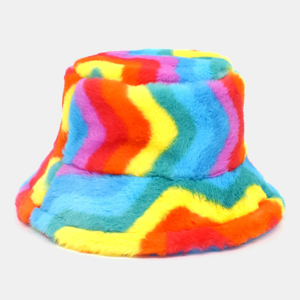 Unisex Faux Rabbit Fur Rainbow Color Striped Thicken Outdoor Warmth Bucket Hat