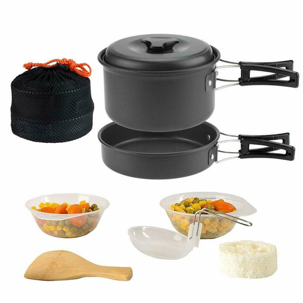 1-2 people 9 In 1 Camping Cooking Set Portable Picnic Set Outdoor Cookware Hiking Pan Pot Bowls