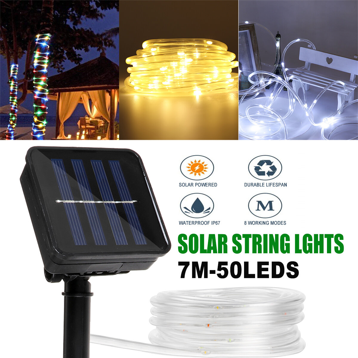 7M LED Solar String Light 8 Modi PVC Tube Waterproof IP67 Outdoor Garden Lamp
