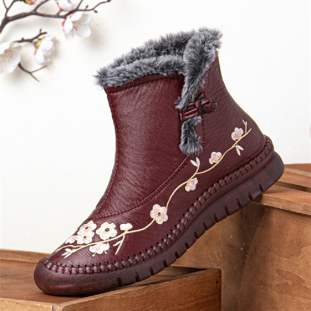 Women Solid Color Casual Retro Embroidered Warm Comfortable Soft Flat Short Boots