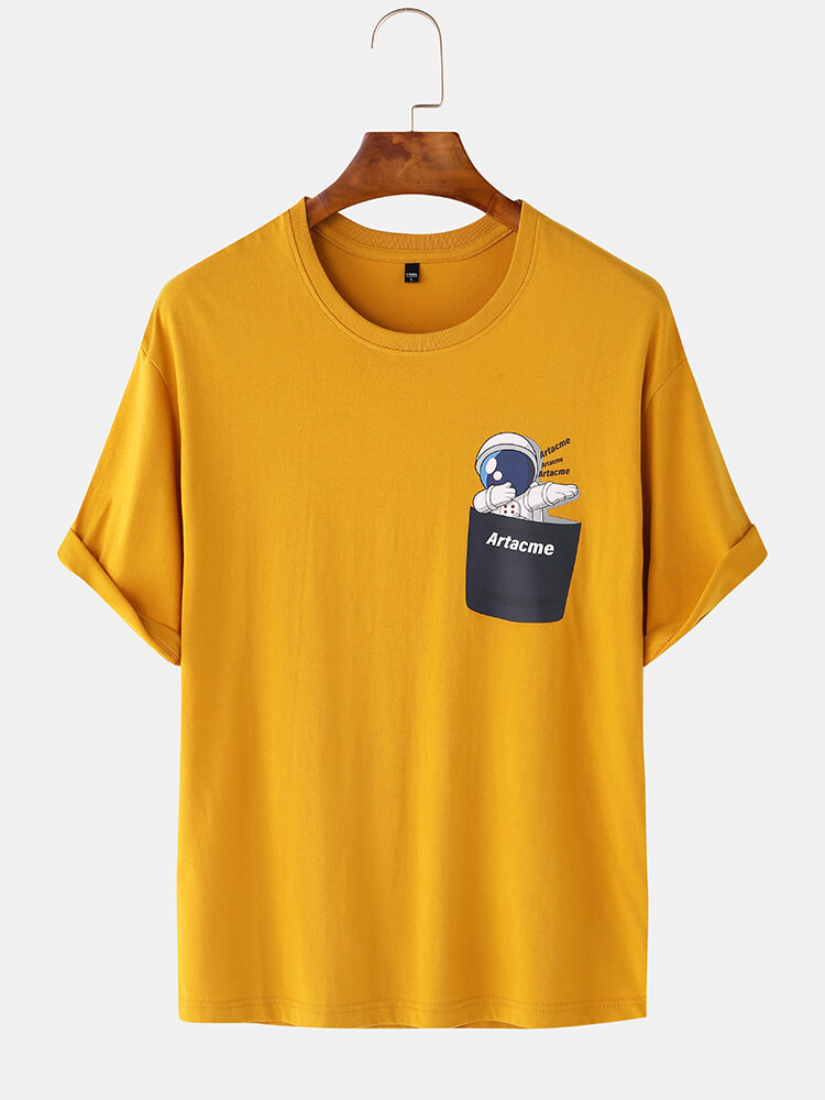 Image of Baumwolle lustige Raumfahrer Cartoon atmungsaktiv Loose Fit Casual T-Shirts