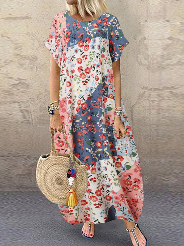Women Retro O-neck Multicolor Floral Print Short Sleeve Loose Holiday Baggy Maxi Dress With Pocket