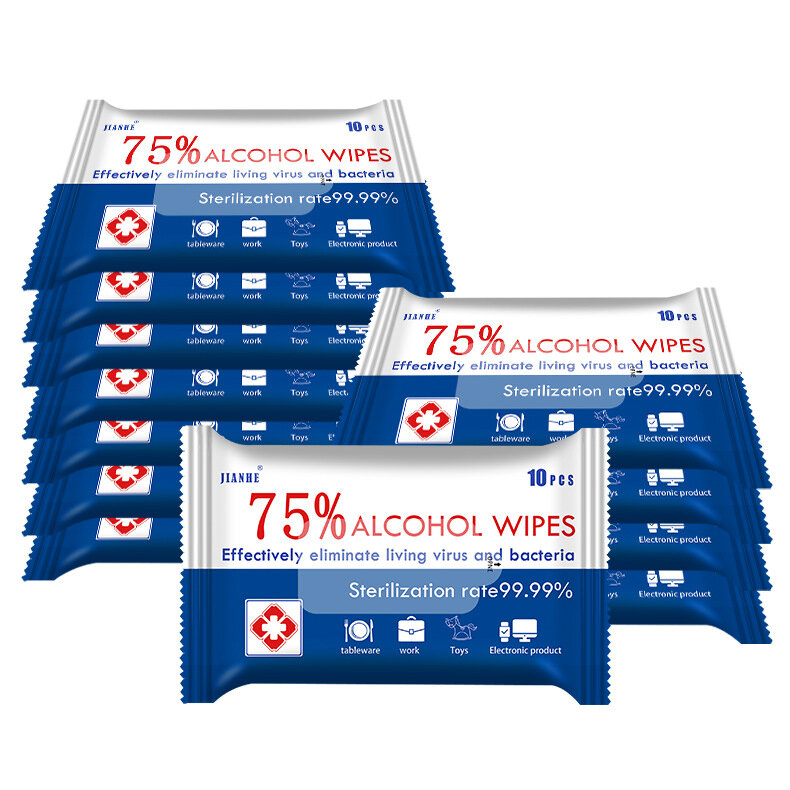 5 Stück 10 Blatt/Packung 75% Alkohol-Tücher, tragbare Handtücher, Desinfektionsreinigungstücher, Papier für die Außenreinigung und Sterilisation