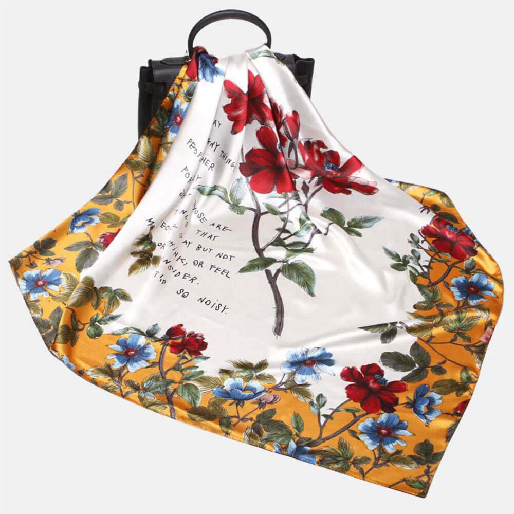 

Women 90cm Imitation Silk Floral Stripe Pattern Elegant Multi-purpose Keep Warm Wide Square Scarf Shawl