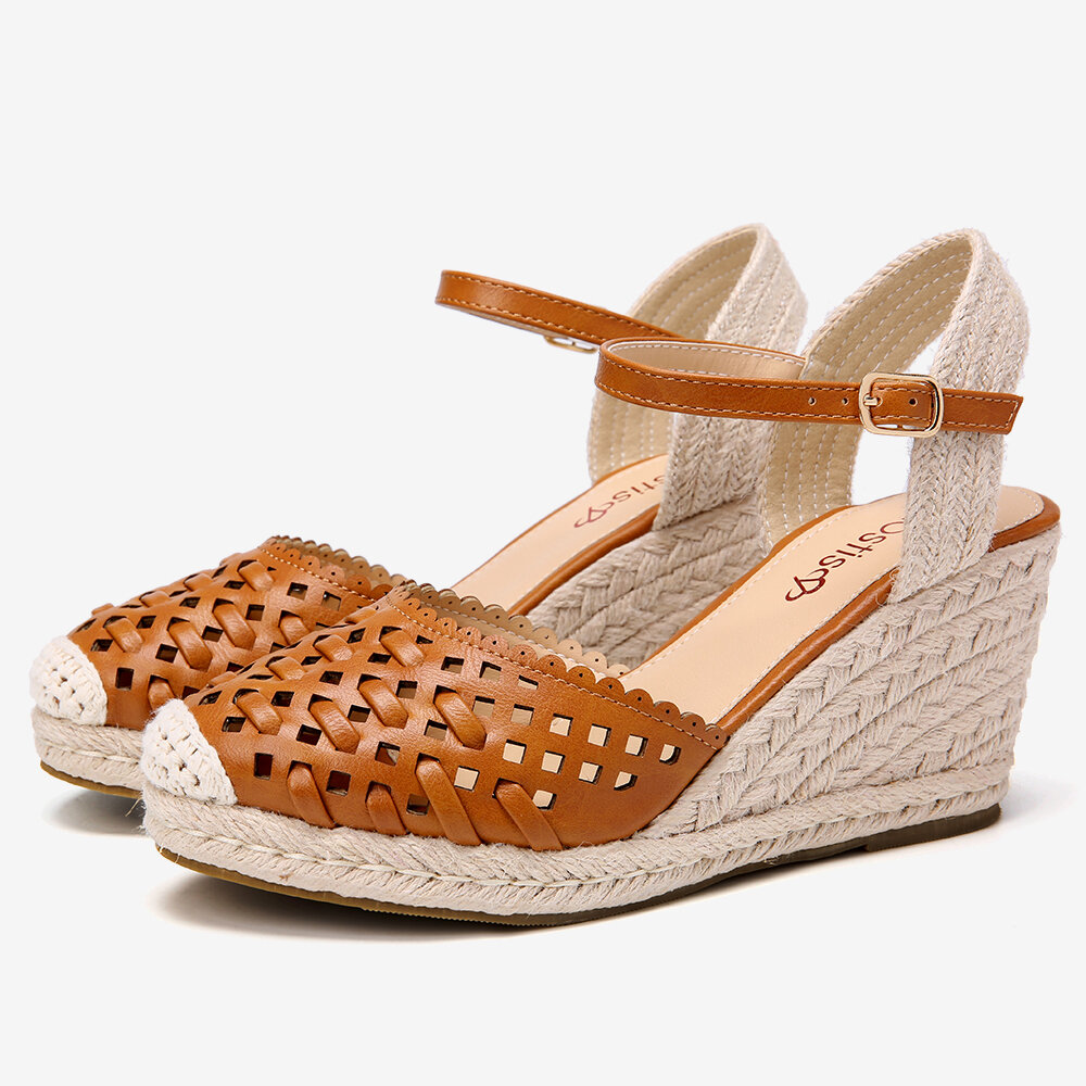 Image of LOSTISY Women Weaved Hollow Out Espadrilles Wedge Sandalen