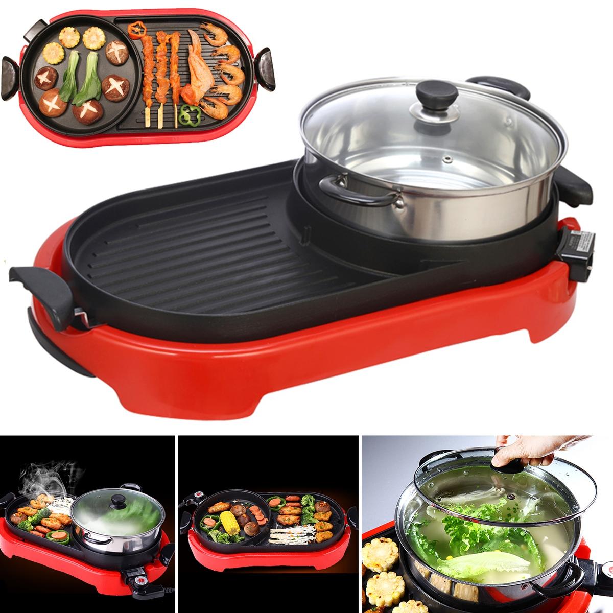 2 In 1 220V BBQ Barbecue Electric Pan Grill Teppanyaki Hot Pot Steam Cooker