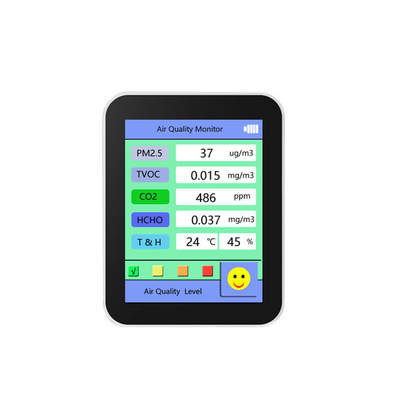 6 In 1 Air Quality Monitor PM2.5/TVOC /CO2/HCHO/Temperature/Humidity Built-in Battery Multifunction 