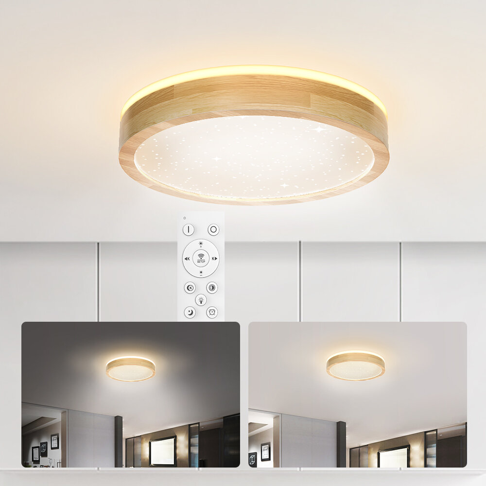 

45W 40CM Wooden Ceiling Lamp Double Light Color Stepless Dimming Starry Ceiling Light With Remote Control AC185-265V