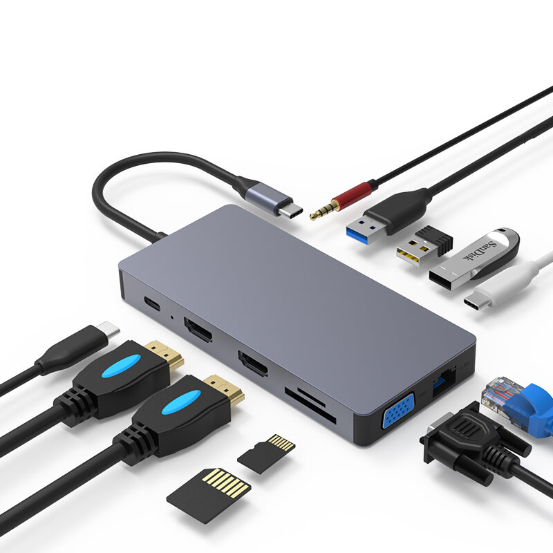 

Blueendless 12 In 1 USB-C Hub Docking Station Adapter With USB 3.0 * 2 / USB 2.0 / 100W Type-C PD / Dual 4K HD Displaypo