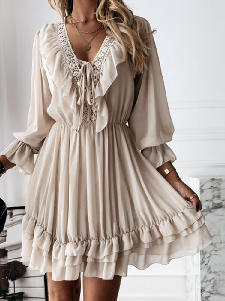

Solid Pleating Leisure Long Sleeve Casual Dress For Women