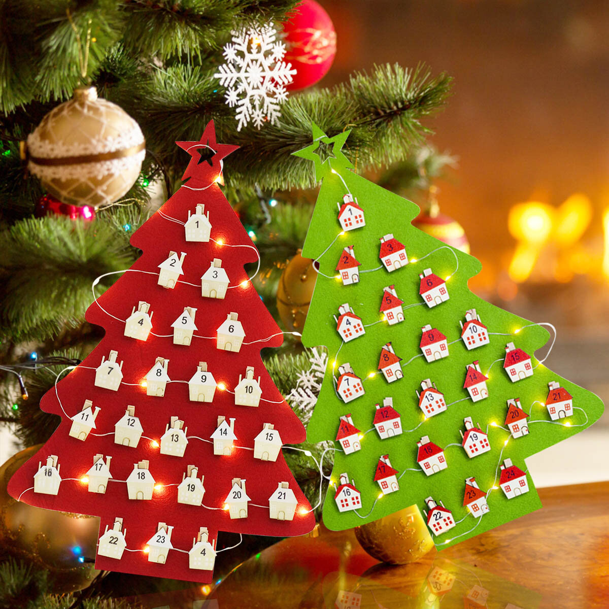 Kerstboom aftelkalender met LED-licht Vilten decoratieve boom voor thuiskantoordecor