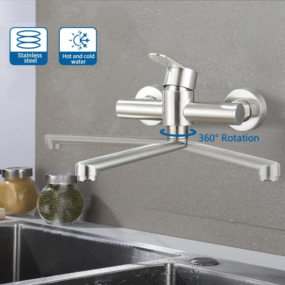 

Kitchen 360 Rotate Faucets Stainless Steel Hot and Cold Water Wall Mounted Dual Hole Bathroom Basin Faucet Cold Hot Wate
