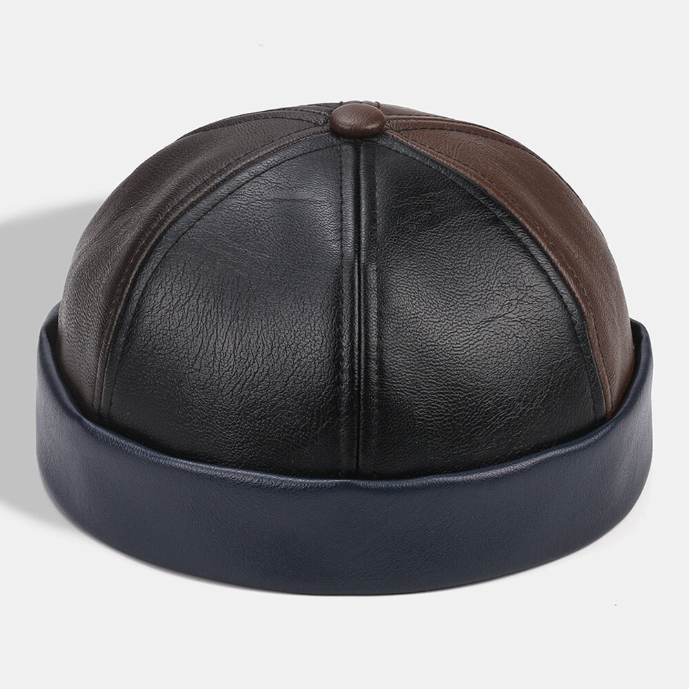 Collrown Unisex Faux Leather Patchwork Kleur Retro Klassieke Kleur Brimless Beanie Landlord Hat Skul