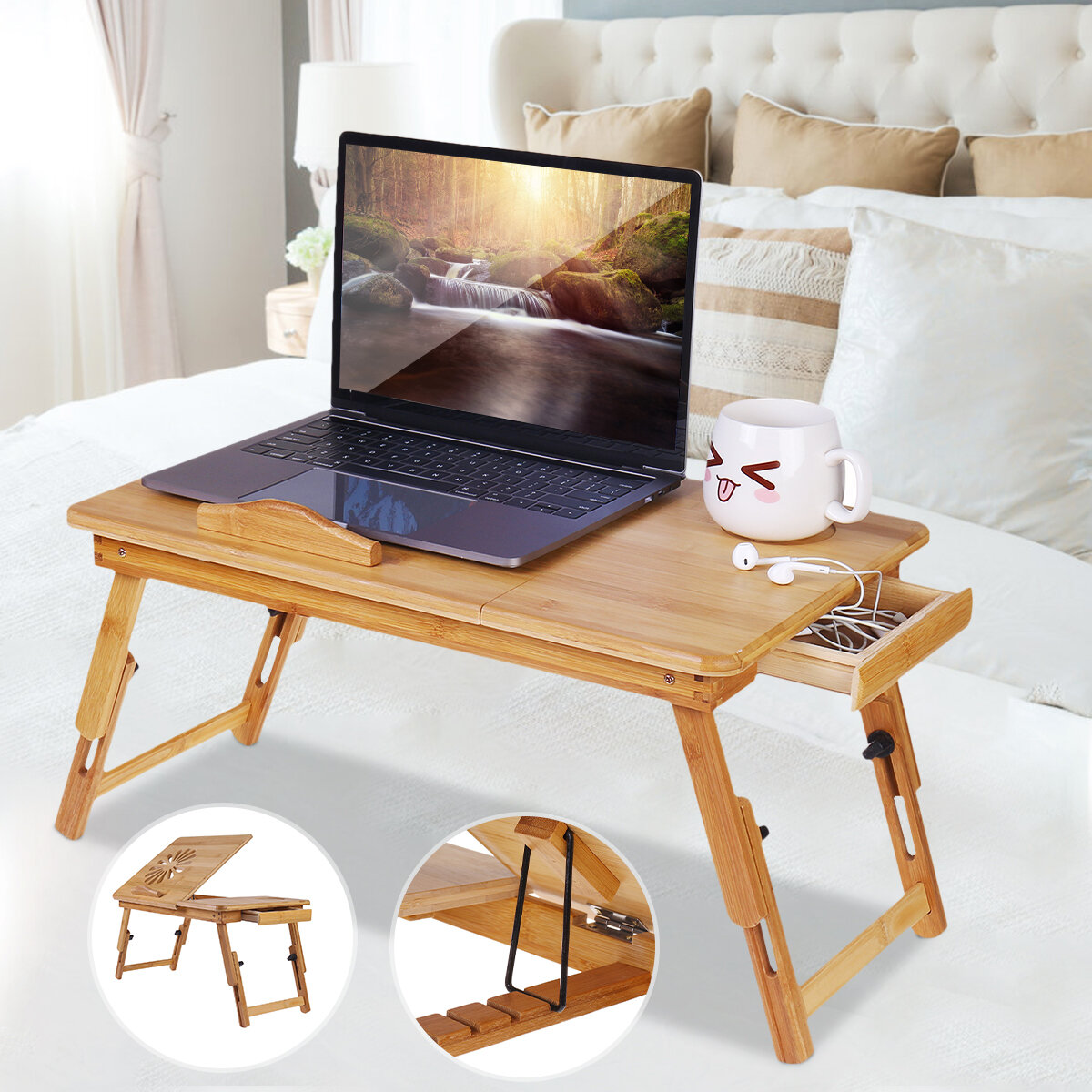 Nature Bamboo Folding with Heat Dissipation Hole Drawer Laptop Desk Computer Mackbook Desktop Holder Bed Desk Tray Stand