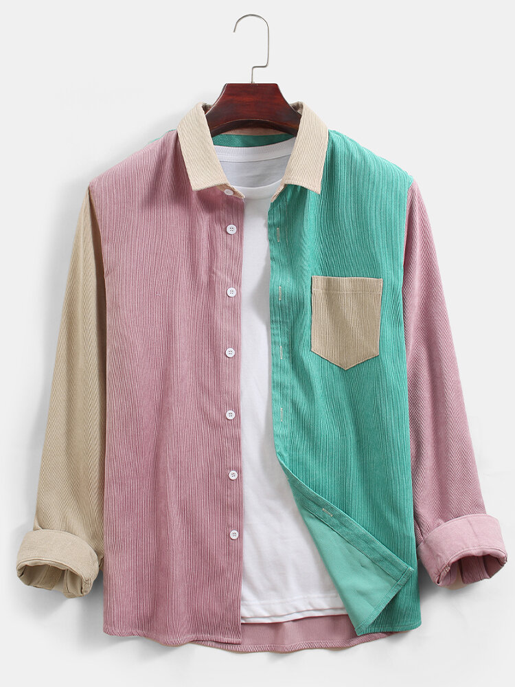 Heren corduroy colorblock patchwork casual shirts met lange mouwen met zak