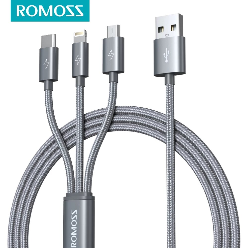 ROMOSS CB25A 3 in 1 voor Lightning Type-C Micro USB 2.1A USB-kabel voor Samsung Galaxy S21 Note S20 