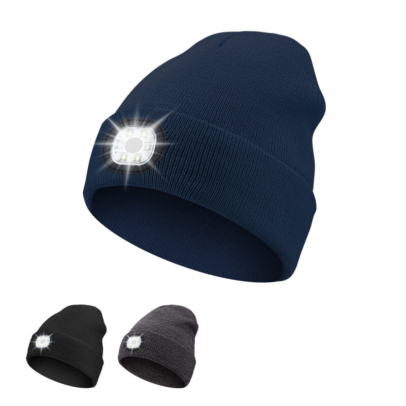 

LED Light Beanie Unisex Warm Knitted Beanie Waterproof Rechargeable Flashlight Hat with Headlight for Camping Jogging Fi