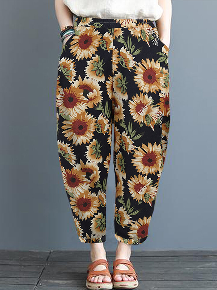 Dames zonnebloem Daisy bloemenprint katoenen casual broek met zijzakken
