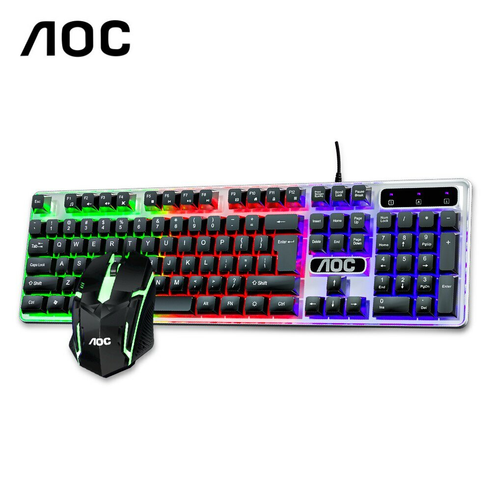 AOC KM100 Cool Backlit Keyboard and Mouse Combo Kit Ergonomic Waterproof Keyboard Color Backlight fo