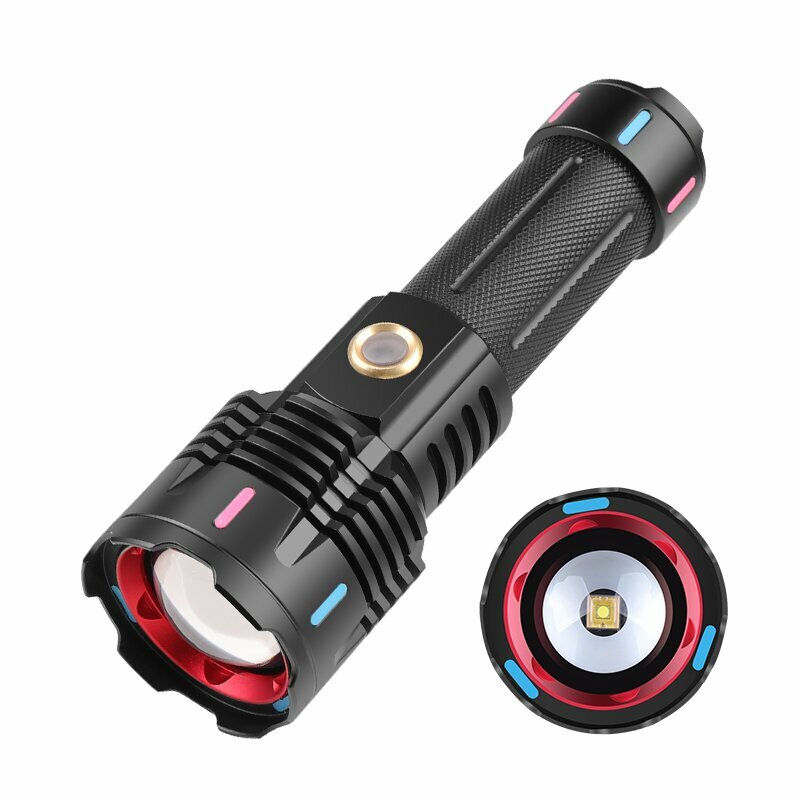 

30W White-Light LED Flashlight Tactical Telescopic Zoom Flashlight Band Color Night Light Long Range Outdoor Strong Ligh