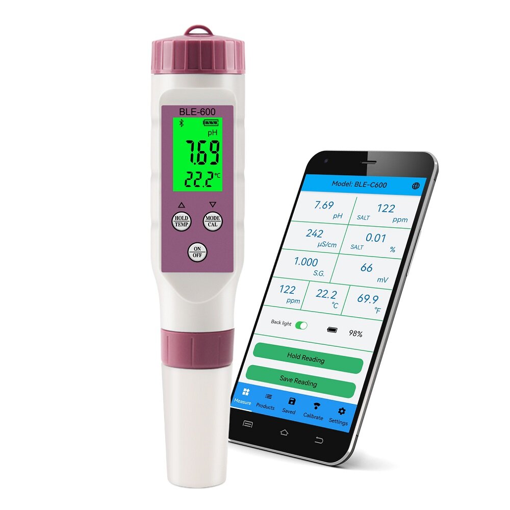CCOWAY C600 7-in-1 EC/ORP/S.G./TDS /Salinity/TEMP/PH Multi-function Bluetooth PH Water Quality Test 