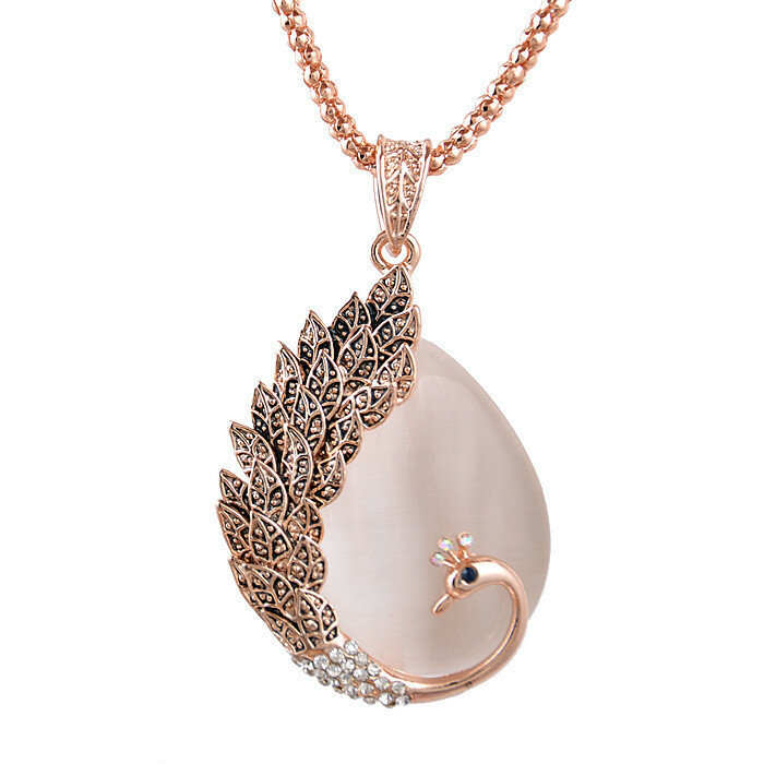

Retro Opal Crystal Peacock Feather Women Pendant Necklace