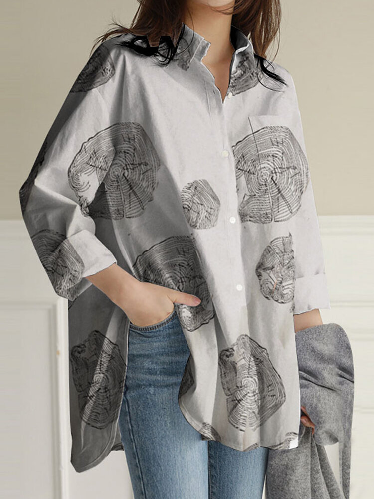 100 Cotton Women Floral Print Chest Pocket Lapel Long Sleeve Shirts