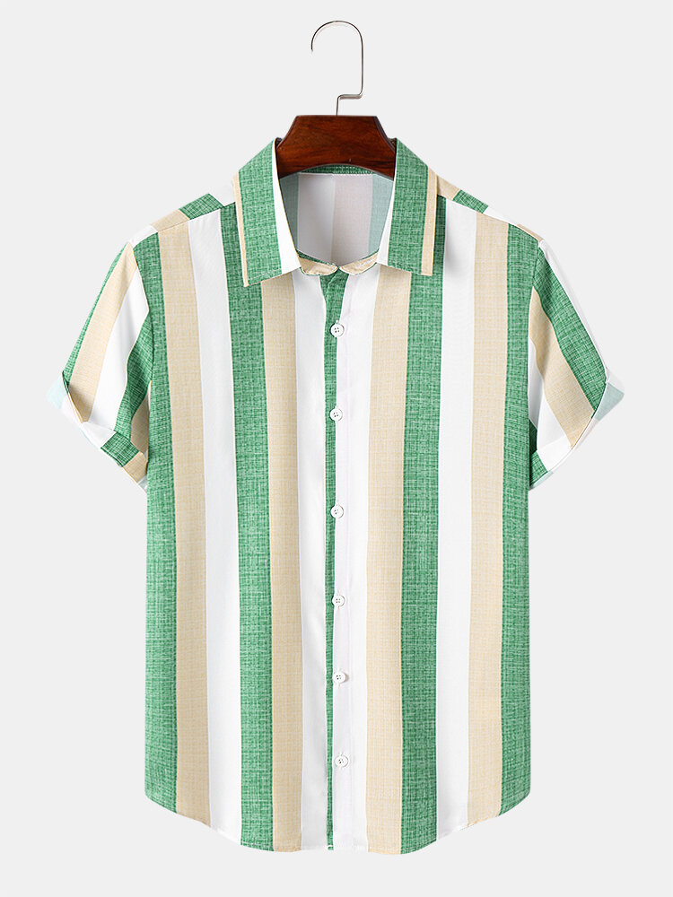 Mens Wide Striped Button Up Daily Short Sleeve Shirts