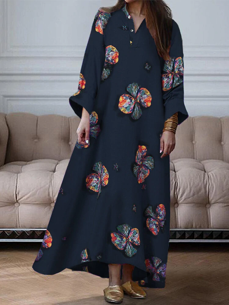 Women floral printing v-neck long sleeve button holiday casual maxi shirt dress