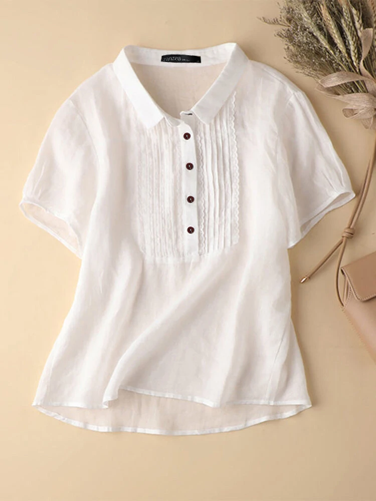 Solid patchwork button lapel short sleeve casual blouse
