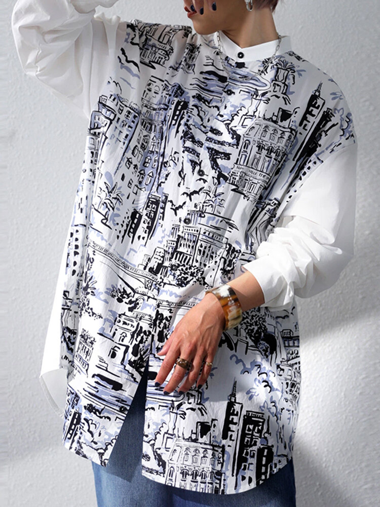 Losse blouse met lange mouwen en opstaande kraag met abstract patroon