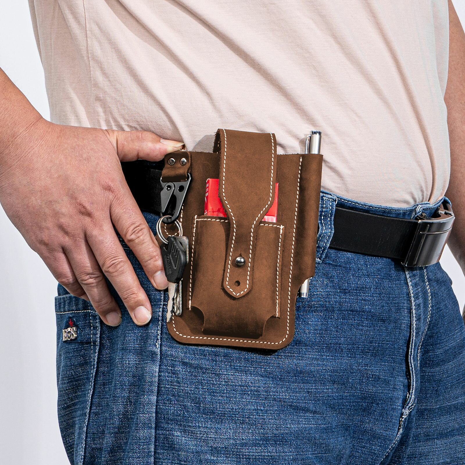 Menico Men Genuine Leather EDC Multitool Pen Keychain Organizer Waist Belt Bag