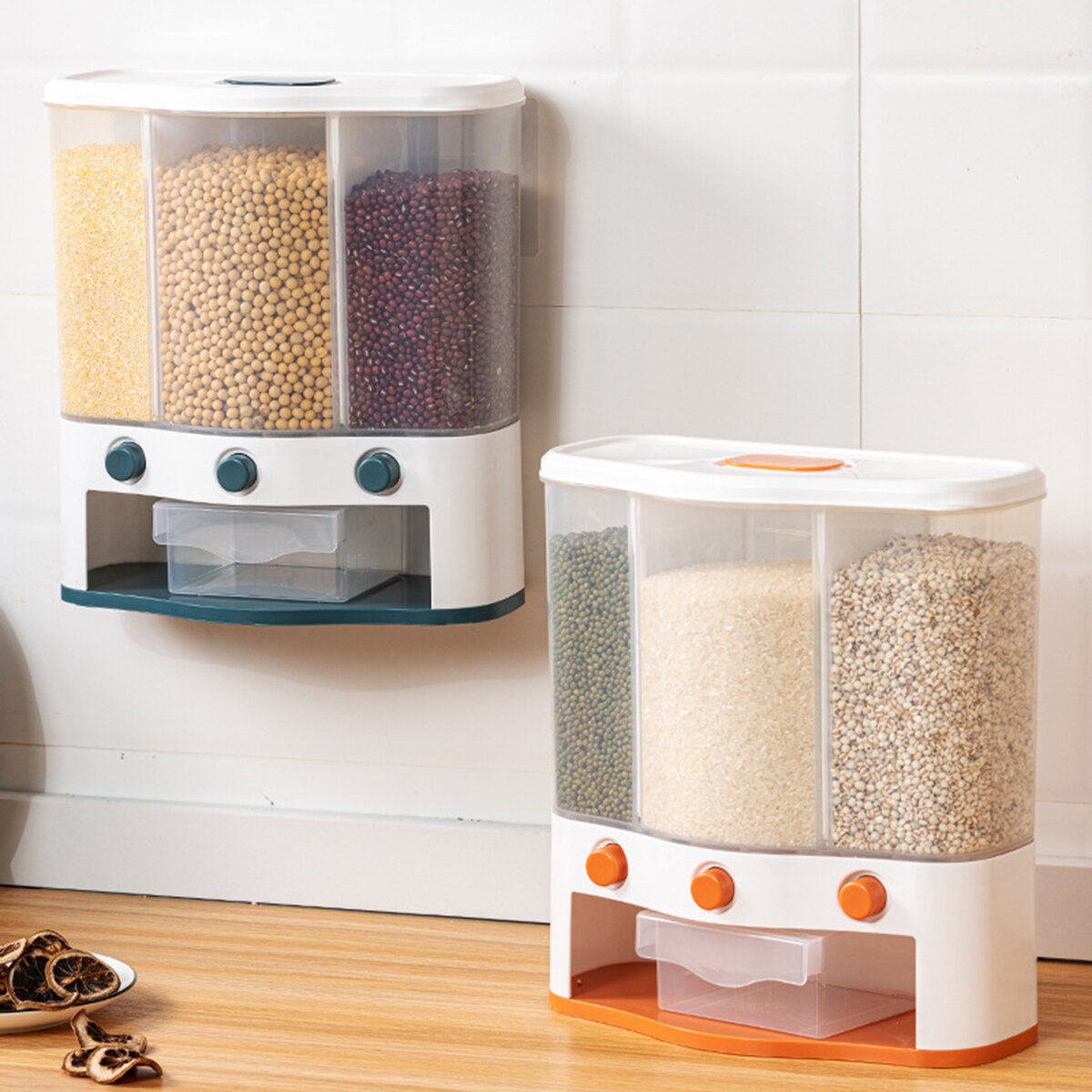 

Wall Mounted Cereal Dispenser Dry Food Storage Container Dispenser Rice Bucket Multi Compartments Automatic Metering Sto