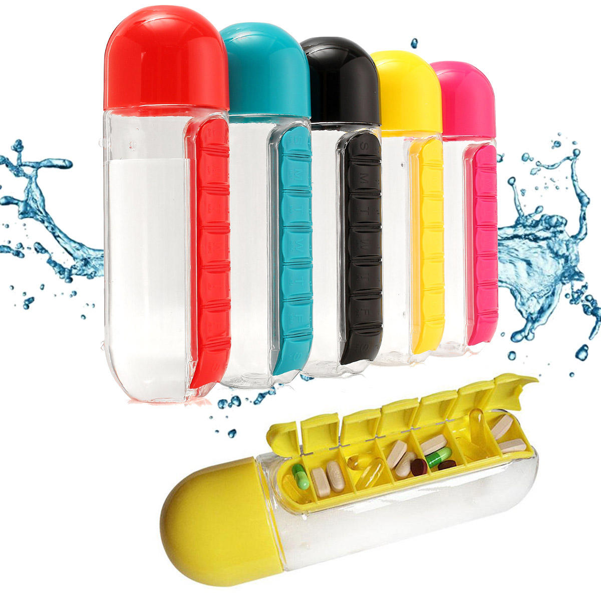 IPRee™ 600ML 2 σε 1 Θήκη ταξιδίου για χάπια Μπουκάλι νερού Ημερήσιος κύπελλο κάψουλας Οργανωτής αποθήκευσης βιταμινών