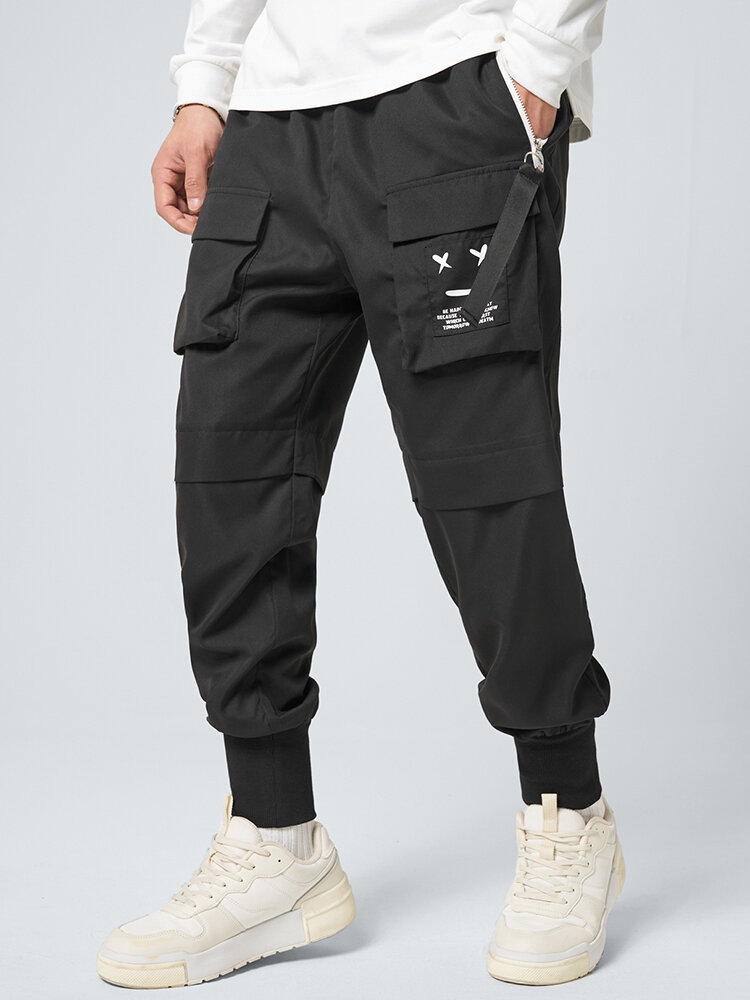 Mens Letter Smile Face Print Flap Pocket Cuffed Cargo Pants