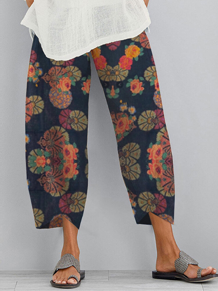 Ethnic Floral Print Elastic Side Pocket Irregular Casual Pants For Women